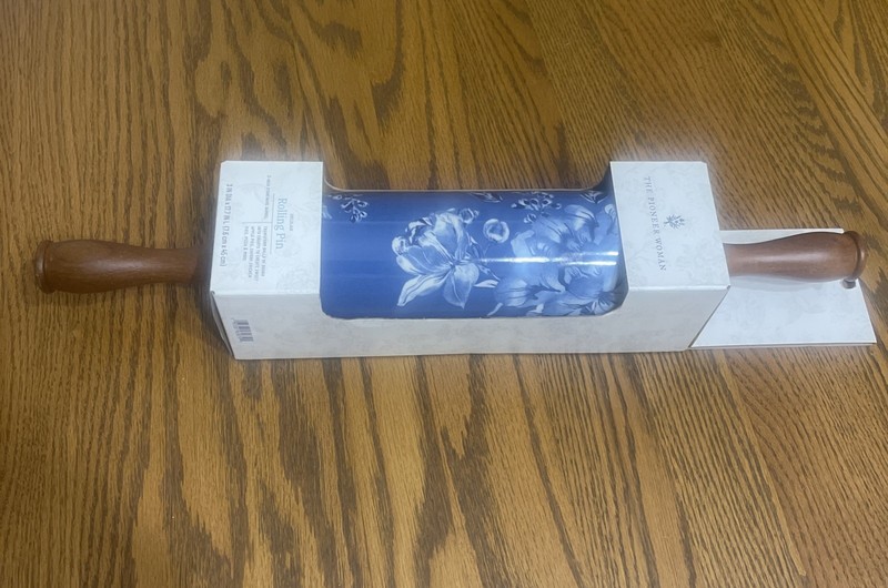 NEW-Pioneer Woman DELILAH Blue Rolling Pin-Olivewood Handles-Floral