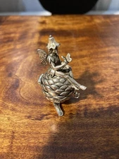 Vintage Silver Tone Fairy Sitting On Acorn Mini Trinket Box 1.75 in Tall