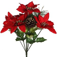 Floral Garden Pack of 4 Christmas House 7-stem Poinsettia Bushes with Pinecone