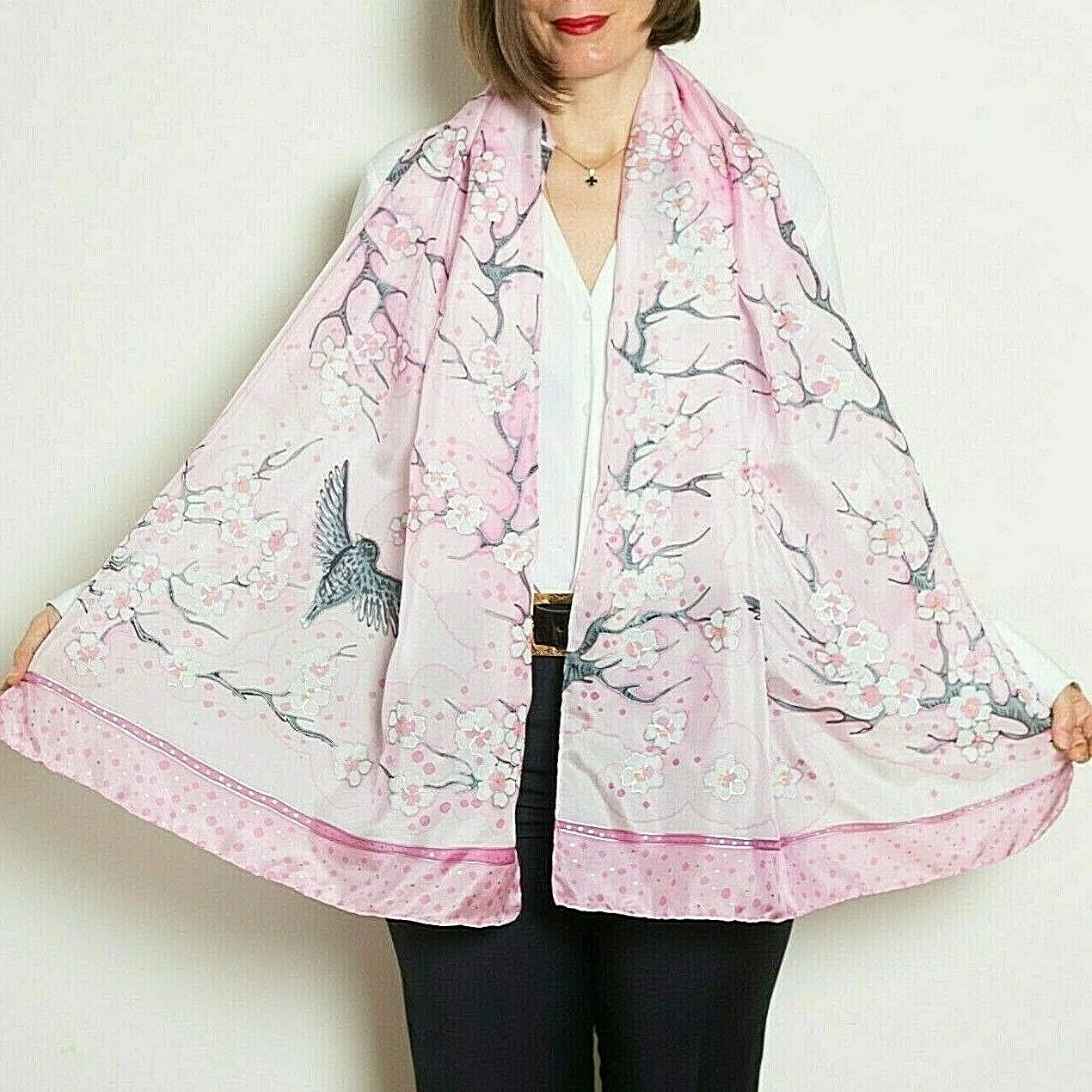 Cherry Blossoms Hand Painted Silk Scarf Pink Sakura Floral Scarf Birthday Gift