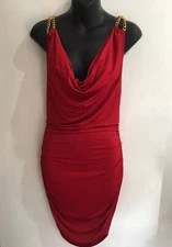 Forplay Designer Red Sexy Gold Chain Vintage Cowl Neck Ruche Club Dress Medium