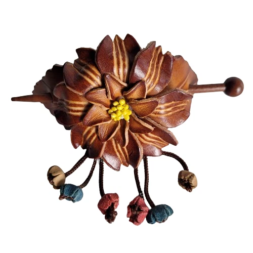 Clipe de cabelo de couro barrette e suporte de rabo de cavalo vara de madeira flor pônei - Imagem 2 de 4