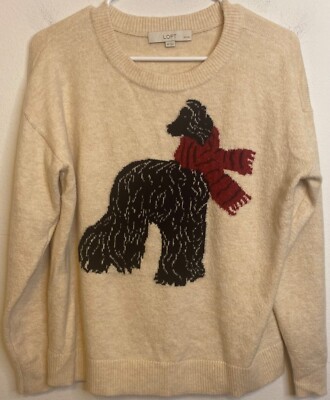 LOFT Petite Fancy Black Dog with Bow Sweater Light Camel Size Medium P 
