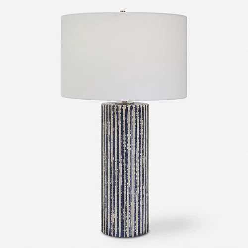 Rustic Coastal Cobalt Blue Ivory White Table Lamp 28 in Ceramic Cylinder - Picture 1 of 8