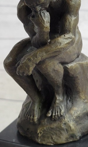SIGNED BRONZE SCULPTURE NUDE MALE FRENCH RODIN THE THINKER ON MARBLE BASE FIGURE - 第 9/10 張圖片