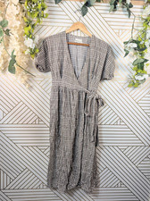 Urban Outfitters Women's Dress Brown Check Wrap Dress Midi Cottagecore Sz Small