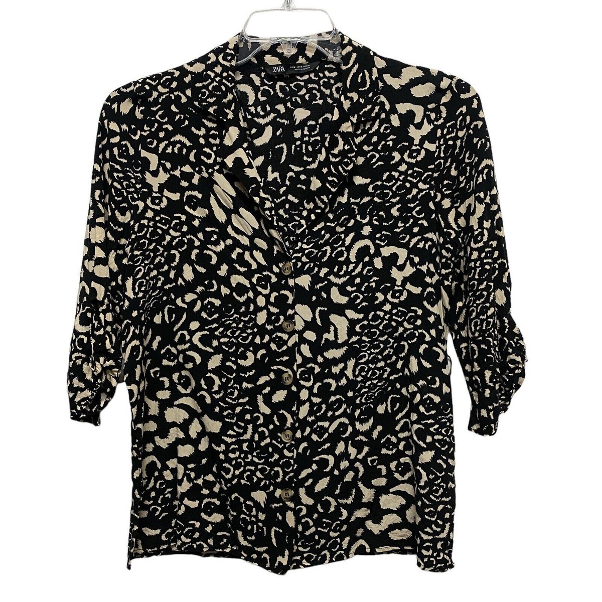 ZARA Women's Leopard Top Blouse Medium Collar Button Down Shirt MISSING BELT