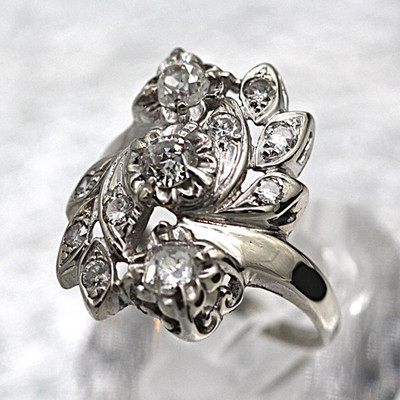 14K Weißgold dekorativer natürlicher Old Mine Cut Diamant Cocktail Ring Größe 7,5