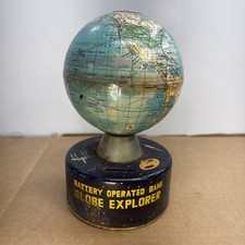 Tin Litho Battery Operated Globe Explorer Bank Wakasuto Space Automated Vtg