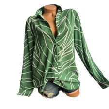 Bluse Damen Blusen grün weiß Muster Crepe Langarm Knopfleiste 36-40 (4426)