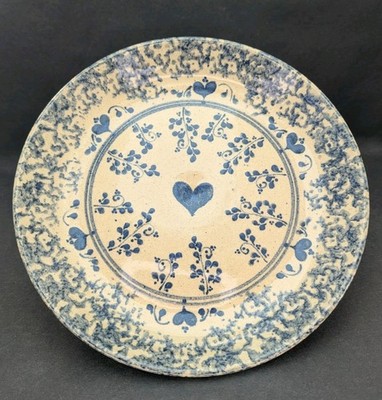 Party House Plate Blue Spongeware Heart Pottery Teacher's Pet 1990 Carrollton IL