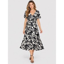 Lauren Ralph Lauren Womens 2 Black White Floral Faux Wrap Midi Dress Fit & Flare