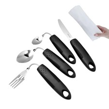 Black 4-Piece Adaptive Cutlery Set, Widened Non-Slip Handles, Hand Tremors