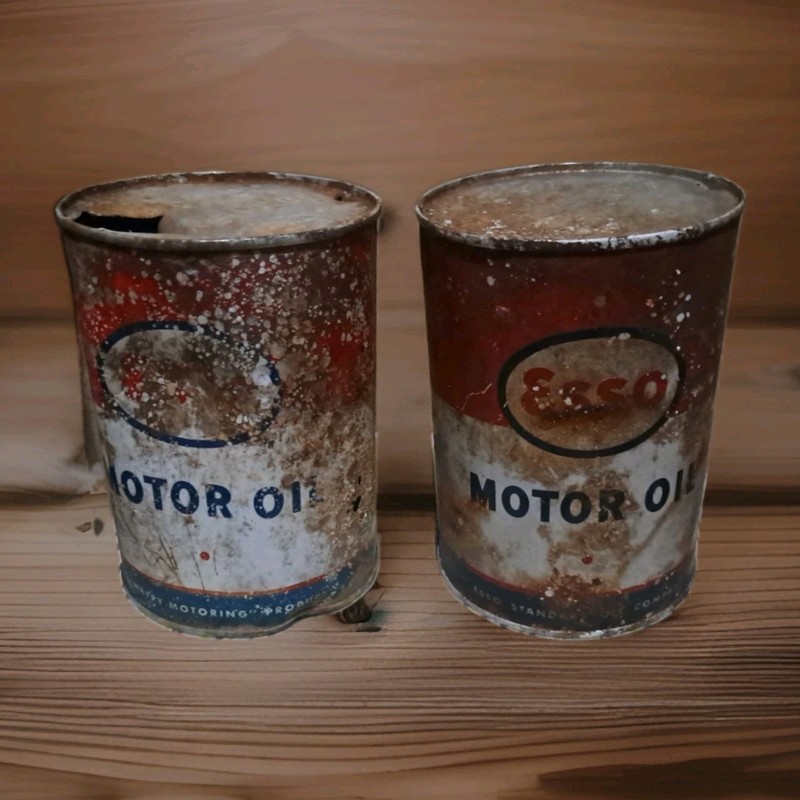Lot of 2 Vintage Esso Motor Oil Cans Quart Rusty Gas Station Garage Decor