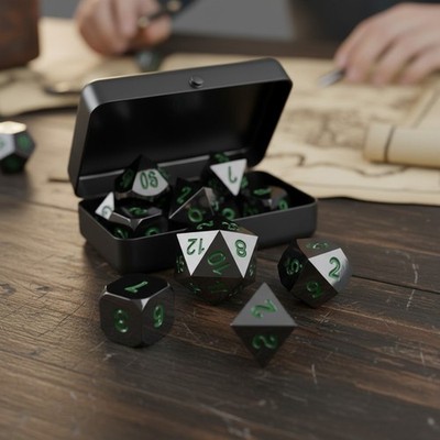 7-Piece Metal Polyhedral Dice Set with Shiny Black Finish and Dark Green Numbers
