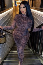 Womens FashionNova Sexy In Snake Mesh Jumpsuit Brown Large Stretch NWT