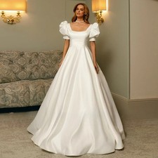 A-Line Satin Wedding Dress Square Neck Pleat Belt Pocket Bridal Gown Back Zipper
