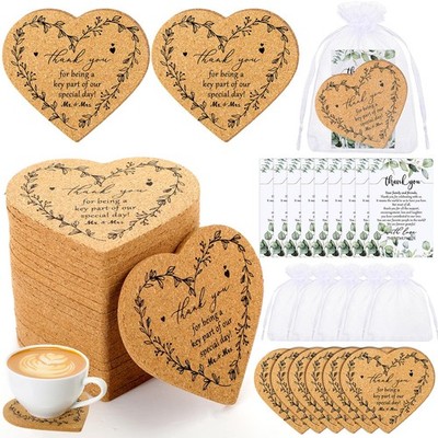 80 Sets Rustic Wedding Favor Coasters, Heart Cork Coasters for Guests, Mr & M...