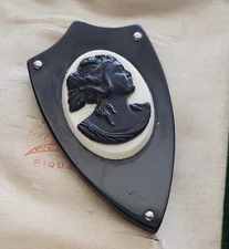 Antique Deco Victorian Revival Carved Bakelite Cameo On Shield Shape Brooch