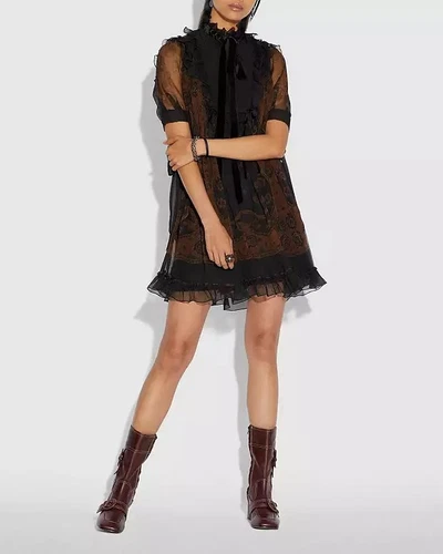 Nuovo con etichette: mini abito Coach 100% seta bandana nero marrone taglia 10