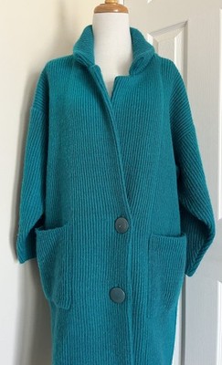 Vtg 80s 90s Sideffects Teal Knit Mohair Blend Long Cardigan Sweater Sz Small