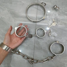 Stainless Steel Heavy Duty Man Handcuff Neck Collar AnkleCuff Shackles Slave Set