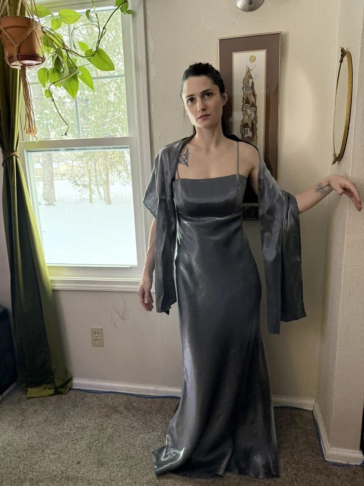 Maxi Vestido Vintage Blondie Nites Baile de graduación Años 90 Y2K Gris Plateado Foto 2 de 4