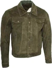 Men's Olive Green Real Suede Leather Jacket Western Trucker Moto Biker Jacket