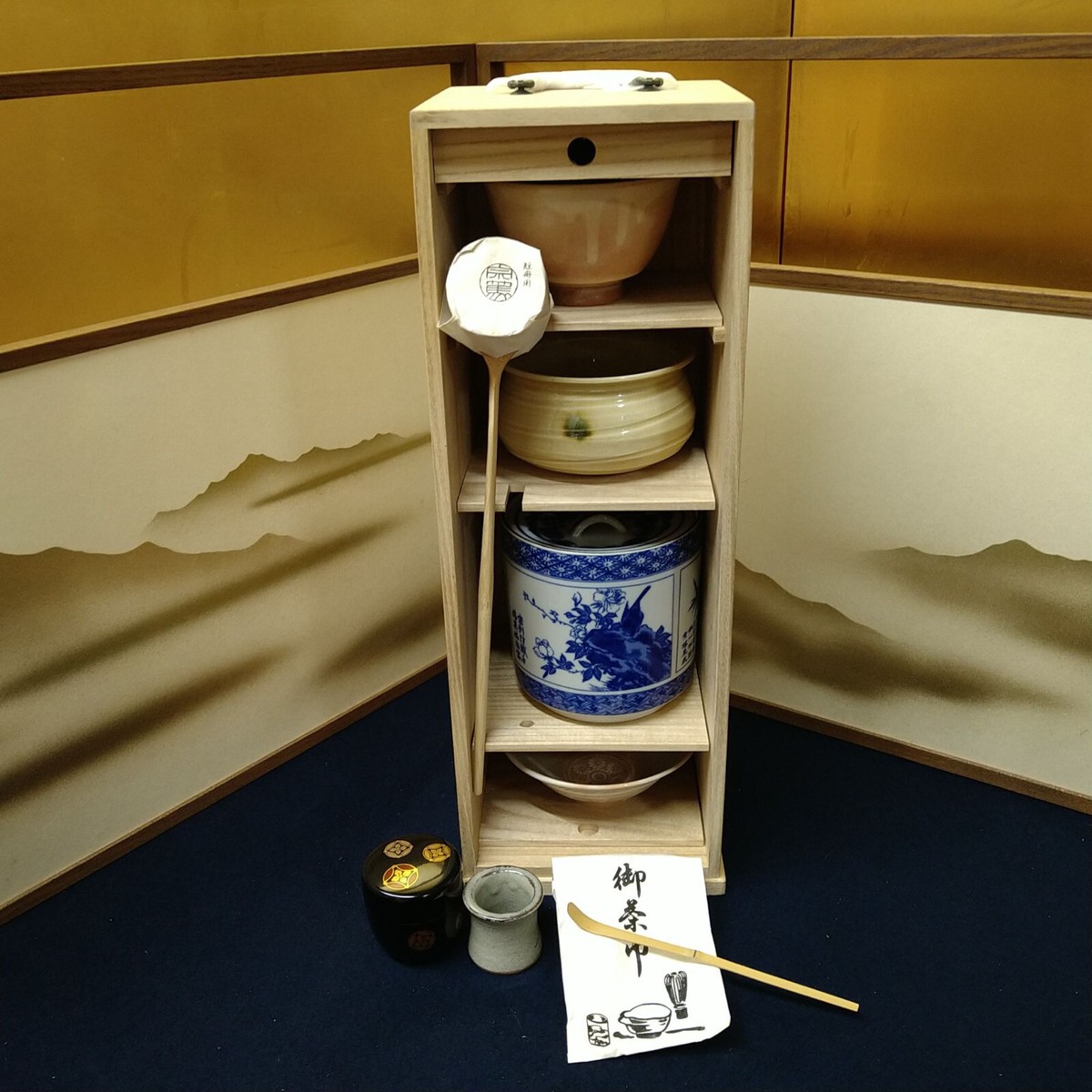 Japanese Tanzaku Sencha Shelf Box Tea Caddy Bowls Scoop Set Sado