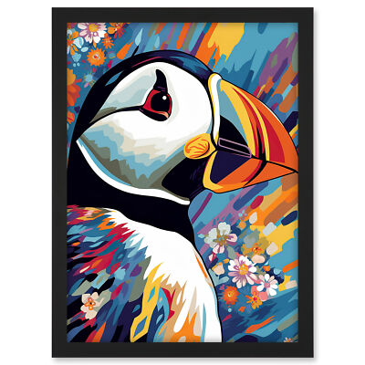 Puffin and Flowers Vibrant Colour Psychedelic Sea Bird Framed Wall Art Print A3