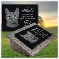 GRANIT Grabstein Doppel Grabplatte+St&uuml;tzen 25x20 cm Foto+Text Gravur Katze gg08s