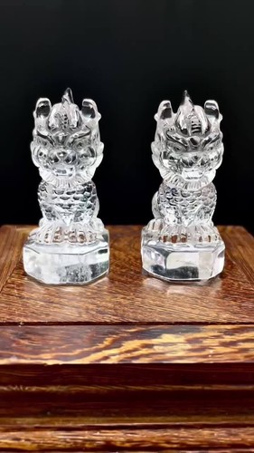 0.5LB Natural Clear Quartz Carved Crystal Kylin Skull A Pair Decorations+stand - Video 1 of 1