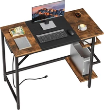 Computer Desk, Home Office Desk with Power Outlet, Writing Desk with 2 Shelves,