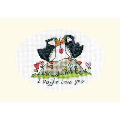 Bothy Threads Grußkarte Kreuzstich Set ''Ich liebe dich, Papageientaucher'', Zählm
