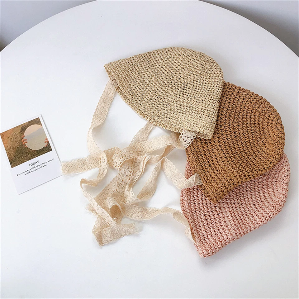 Sombrero de paja de verano para niños Lazo de encaje Bebé Niña Gorra Playa Niños Sombrero para el sol Sombreros de princesa Foto 3 de 4