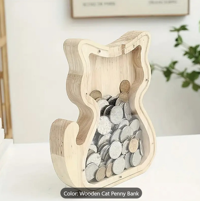Wooden Cat-Animal Shaped Penny Bank with Clear Glass Lid Home Decor Gift