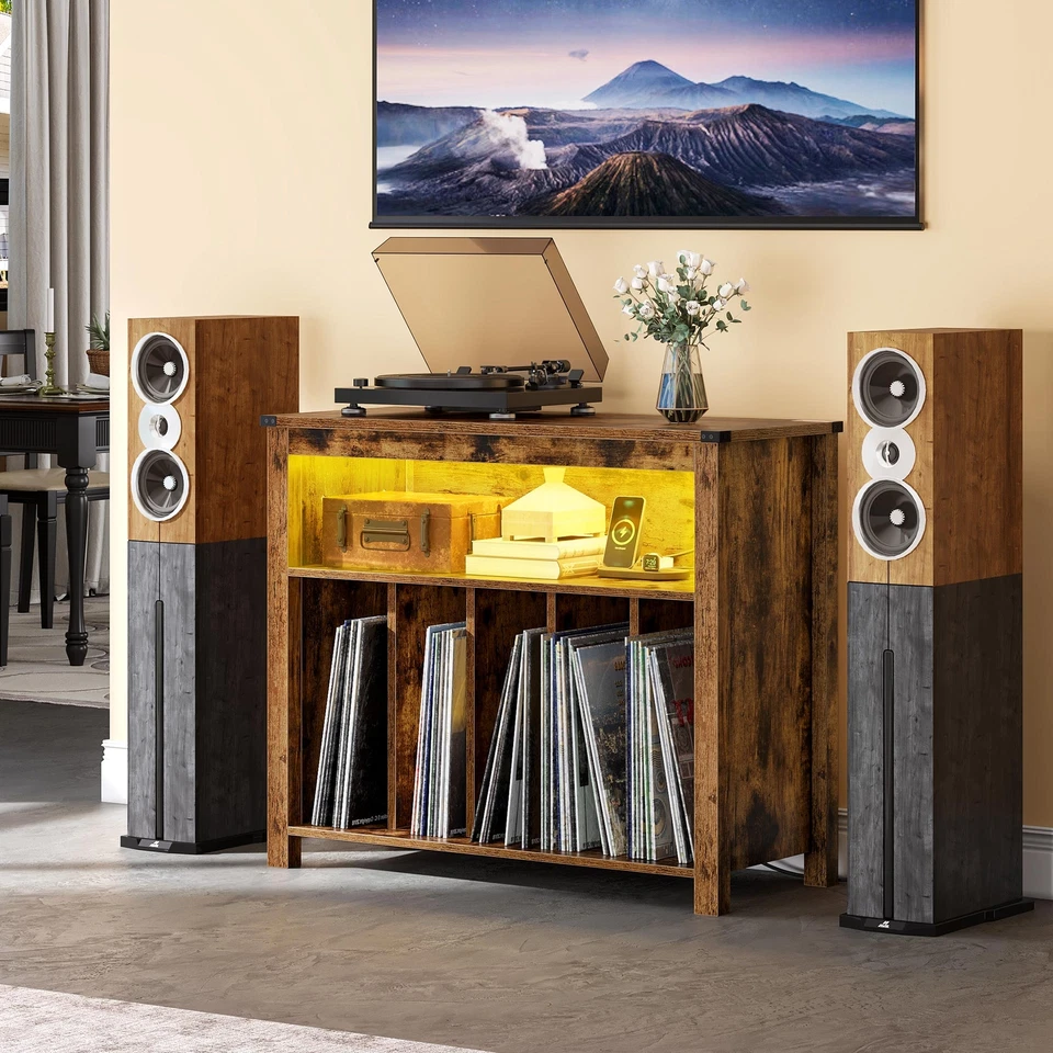 Vinyl Record Player Stand Album Turntable Cabinet with RGB LED and Power Port - Image 3 of 4