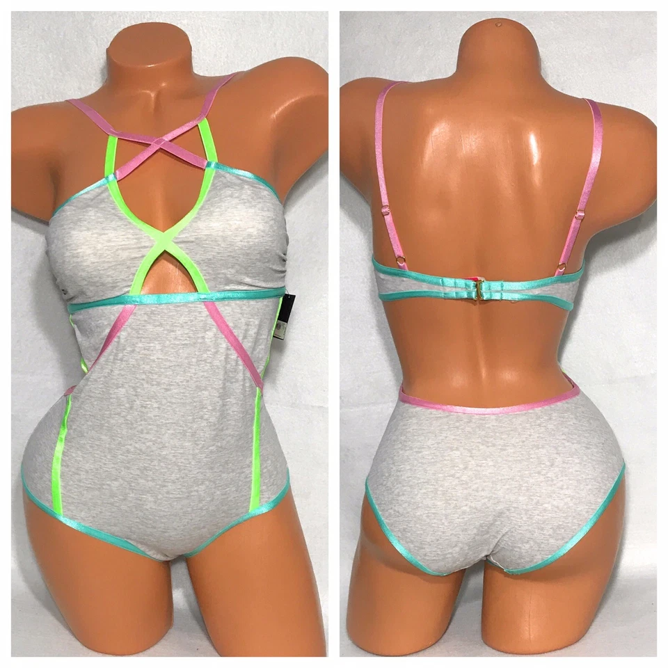 Victoria Secret One Piece Swimsuit Gray Multicolored Neon Trim Cutouts Size S - Image 3 of 3