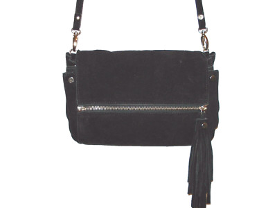 ZARA Suede PURSE With FRINGE Black LONG STRAP With Silver ZIPPER
