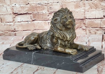 Real Bronze Metal Statue Marble Roaring Male Lion Jungle King Art Sculpture Sale