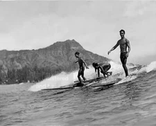 "Native Surfers at Diamond Head":Dr. Shrinker, artist giclee poster print