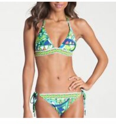 Nuevo con etiquetas $176 Trina Turk BALI HAI Talla 10 Triángulo Top y Talla 12 Lateral Tie Bottom