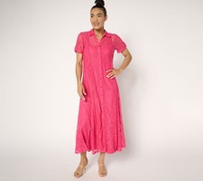 Susan Graver Regular Stretch Lace Button Front Midi Dress Rosey L New