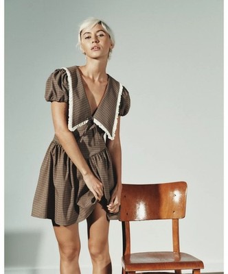 ZARA NWT WOMAN SS25 PLAID PETER PAN MINI COLLAR DRESS KHAKI | 9168