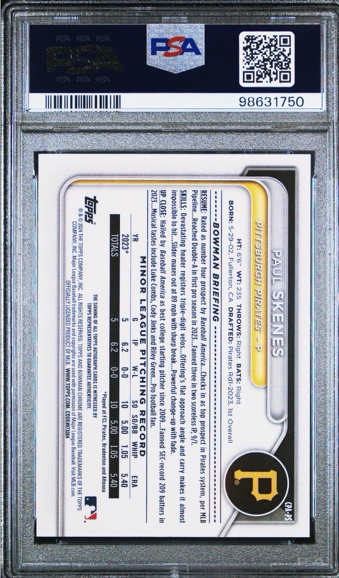 2024 Bowman - Chrome Prospect Autographs Paul Skenes #CPA-PS (AU, RC) PSA 10 view 2