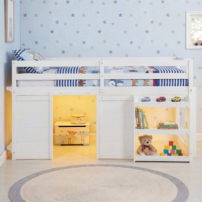 Twin Size Loft Bed w/LED Lights for Kids, 2 Doors, Underbed Space & Shelves