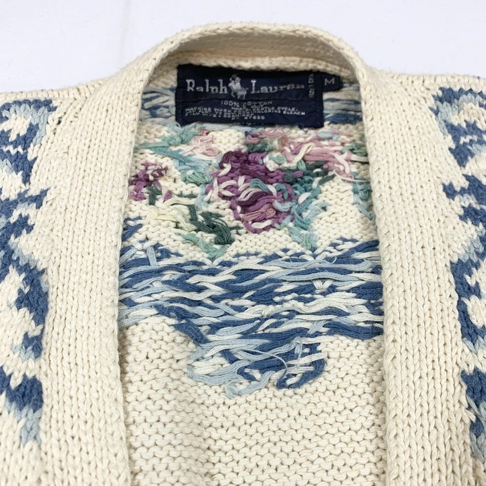 Cárdigan mediano Polo Ralph Lauren para mujer floral cuello en V dinero antiguo 100 % algodón Foto 3 de 4