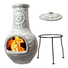 Wiosi Medium Chiminea Outdoor Fireplace Grey Clay Chimineas with Medium, Gray