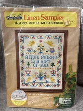 WonderArt Linen Stamped Cross Stitch Kit Sampler A True Friend Is A Gift of God
