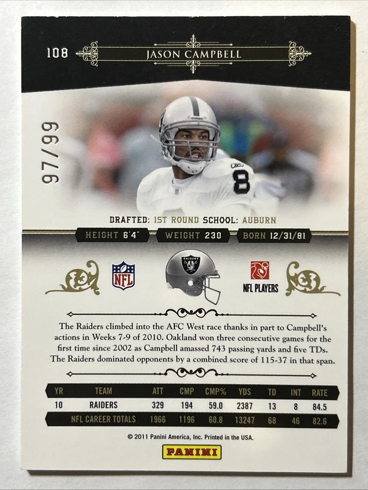 2010 Playoff National Treasures, Jason Campbell #ed 97/99, Card #108 - Image 2 of 2